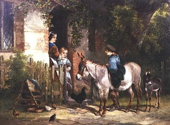 Figuras con burros fuera de una cabaña
