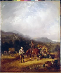 Cosecha de trigo. Obra de William I Shayer (1788-1879), óleo sobre cartón. Arte inglés del siglo XIX, paisaje, escena de género. Hermitage estatal, San Petersburgo.