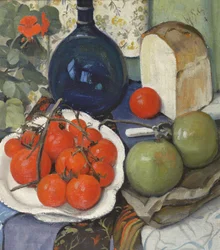 Naturaleza muerta con tomates y manzanas (óleo sobre lienzo)