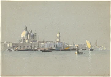 Vista a través del canal Giudecca hacia la Salute y el Campanile de San Marco