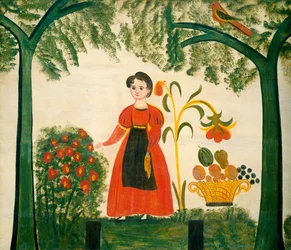 Muchacha vestida de rojo con flores y un Distelfink, c.1830 (óleo sobre madera (tabla refractaria))