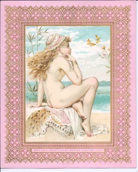 Tarjeta de Año Nuevo victoriana de una belleza bañista en una playa, c.1881