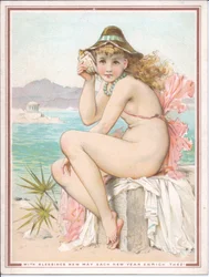 Tarjeta de Año Nuevo victoriana de una belleza bañista en una playa sosteniendo una concha en su oído, c.1881