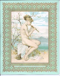 Tarjeta de Año Nuevo victoriana de una belleza bañista en una playa tocando una flauta, c.1881