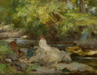 Tres figuras junto a un río