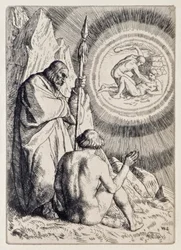 Miguel presenta a Adán una visión de El Paraíso Perdido de John Milton, una serie de 12 ilustraciones grabadas por William Strang