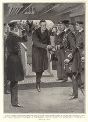 La partida del Sr. Chamberlain hacia Sudáfrica, embarcando en el Good Hope