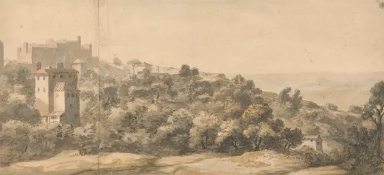 Un paisaje italiano: pueblo en una colina a la izquierda, ladera inclinada hacia la derecha, con un lejano valle más allá
