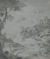 Paisaje con un edificio clásico lejano y un hombre pescando