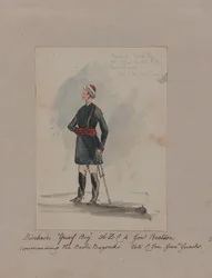 Bimbashi Yusuf Bey A.D.C. al General Beatson comandando los Bashi Bazouks. Tarde C. Fox. Guardias Grenr (acuarela)