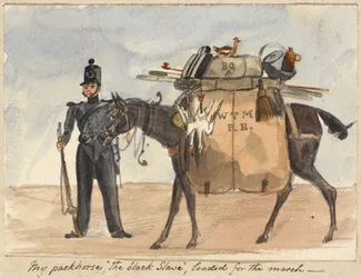 Mi caballo de carga, «el esclavo negro», cargado para la marcha, c.1854