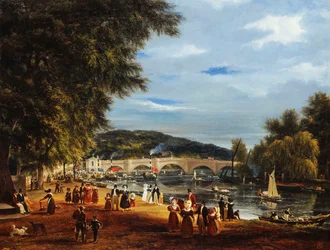 Vista del puente de Richmond con barcos en el río y figuras paseando