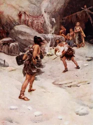 El hombre prehistórico (litografía en color)