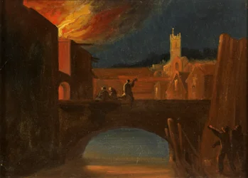 Disturbios de Bristol: La Quema de Bridewell, con la Iglesia de San Miguel, Puente de Bridewell, c.1831