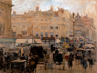 Rush Hour, Oxford Circus (acuarela con barniz y bodycolour sobre papel tintado)