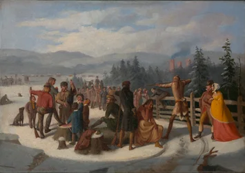 Escenas de los pioneros de Cooper, Deerslayer en el concurso de tiro, ca. 1850