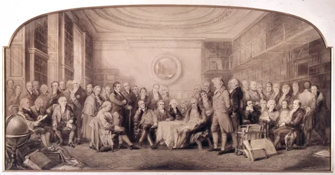Los eminentes hombres de ciencia en 1807-1808. Reunión en la biblioteca del Real Instituto de Ciencias, Inglaterra. Grabado de William Walker y Sir John Gilbert (1817 - 1897) - Eminentes Hombres de Ciencia Vivientes en 1807
