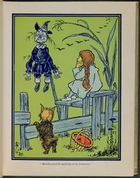 "Dorothy mira pensativa al Espantapájaros", Ilustración de "El maravilloso Mago de Oz" de Lyman Frank Baum