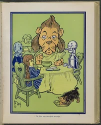 "El león se comió parte de las gachas", ilustración de "El maravilloso Mago de Oz", de Lyman Frank Baum.