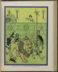 "El soldado de los bigotes verdes les guió por las calles", ilustración de "El maravilloso Mago de Oz", de Lyman Frank Baum.