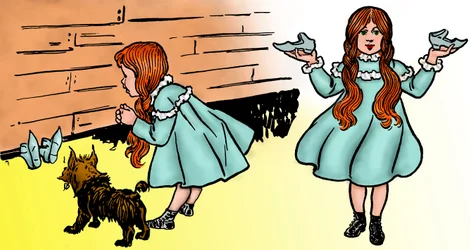 El maravilloso mago de Oz - El mago de Oz: Edición de dos imágenes por Denslow, William Wallace (1856-1915) hechas para la primera edición de 1900 del libro de Frank Baum (1856-1919) - Dorothee (Dorothy), acompañada por su perro Toto, recupera los zapatos 