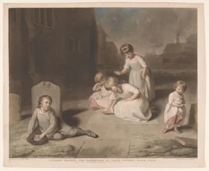Los niños leen la inscripción en la lápida de su madre Niños leyendo la inscripción, en la lápida de su madre (título sobre el objeto) Grupos de Niños