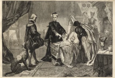 La reina María dejando el Castillo de Stirling - María Estuardo (María I de Escocia) frente a la cuna de su hijo (Jacobo Estuardo, Jacobo VI y I)