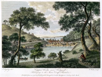 Fábrica de cobre cerca de Holywell, Flintshire, Gales, propiedad de la Compañía Mona, 1792