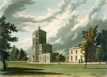 Exterior del Observatorio Astronómico, ilustración de la Historia de Oxford, grabado por Joseph Constantine Stadler publicado por R. Ackermann, 1813