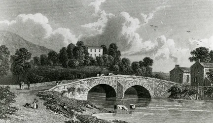 Greta Hall y el puente de Keswick, grabado por E. Francis, 1842