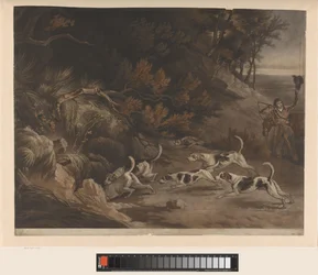 Cazador y perros de caza en la caza del zorro. Caza de zorros (título sobre objeto)