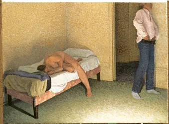 Interior con una figura vistiéndose
