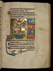 Ms 322 f.67r, Salmo 68, inicial S, Jonás rezando a Cristo a su salida de la ballena y Jonás arrojado a la ballena, ilustración del 
