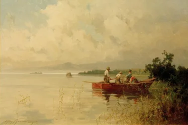 Pescadores en la orilla veraniega del lago Chiemsee