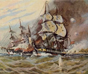 Baterías de playa alemanas cerca de Eckernförde, 5 de abril de 1849 (litografía en color mejorada)