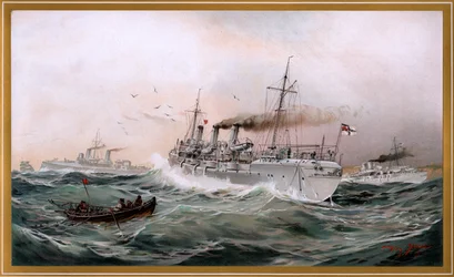 Imperial Navy Griffin, Meteor and Jagd spähen bei Brüsterort, cromolitografía de Willy Stöwer 1894, nr9 de G. Wislicenus, Unsre Kriegsflotte.