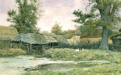 Patio de Granja con Estanque de Patos y Patos