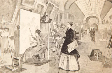 Estudiantes de arte y copistas en la Galería del Louvre, París, 11 de enero de 1868