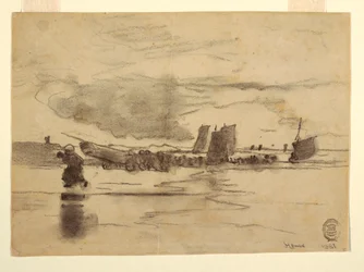 Dibujo, Playa con marea baja, Cullercoats, Inglaterra, 1881