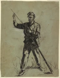 Dibujo, soldado de caballería cargando un rifle, 1863-64