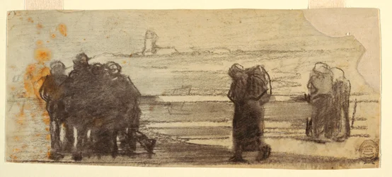 Dibujo, Figuras con vistas a una bahía y un pequeño barco, Cullercoats, Inglaterra, 1881-82