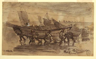 Dibujo, Pescadores varando un esquife, Cullercoats, Inglaterra, 1881