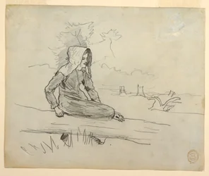Dibujo, Niña sentada en un tronco de árbol, 1879