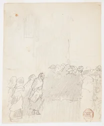 Dibujo, Hombres y mujeres mirando al mar, Cullercoats, Inglaterra, 1881