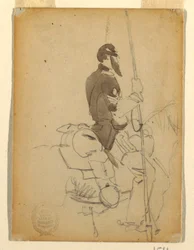 Dibujo, soldado de caballería montado, 1862