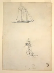 Dibujo, Goleta y tres botes, 1881