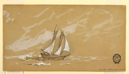 Dibujo, Goleta con tres botes, 1880