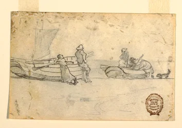 Dibujo, Dos barcos en la playa con figuras, Cullercoats, Inglaterra, 1881-82