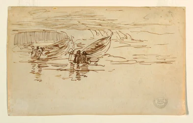 Dibujo, botadura de dos botes, Inglaterra, 1881