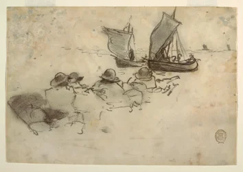 Dibujo, Dos barcos de pesca con velas, Cullercoats, Inglaterra, 1881-82